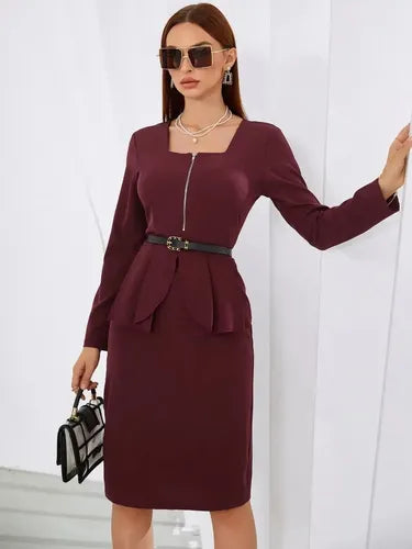 Vestido Peplum Delgado Cuello Cuadrado Sin Cinturón Va 507 Bordó Xl