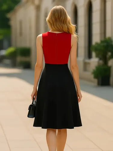 Vestido Oficina Cóctel Casual Acampanado Va 597 Rojo- Negro M