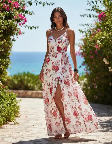 Vestido largo blanco de gasa cruzado con abertura