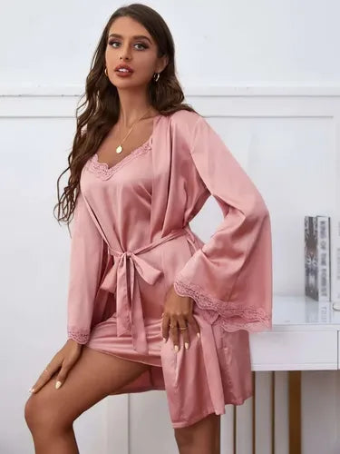 Camisón Y Bata Satín Lencería Set De Pijama Babydolls Pj 04