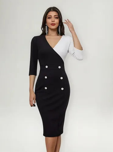 Vestido Ajustado Oficina Cóctel Escote En V Bodycon Va 588 Negro L