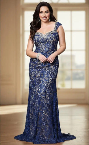 Vestido Fiesta Talla Grande Azul Encaje Vg 77