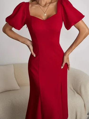 Vestido Ajustado Largo Vintage Manga Farol  Va 496 Rojo S