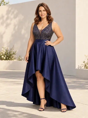 Vestido largo de fiesta azul en satín con lentejuelas
