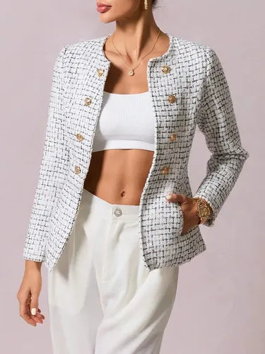 Blazer  Abrigo  Chaqueta Mujer Tweed Bolsillos Forrado Bb 45 Blanco S