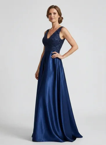 Vestido largo lentejuelas azul escote V satén