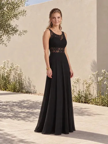 Vestido largo negro evasé cuello redondo