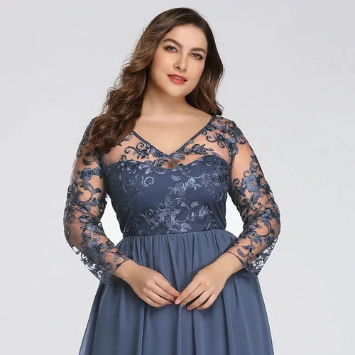 Vestido De Fiesta Largo Con Mangas Ep 139 Azul Acero 14