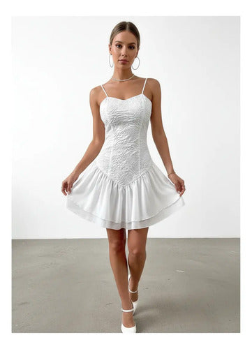 Vestido Corto Tirantes Jacquard Fiesta Novia Civil Va 576 Blanco M