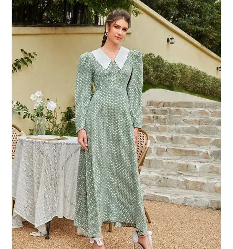 Vestido Largo Estampado Romántico Manga Larga Va 570 Verde L