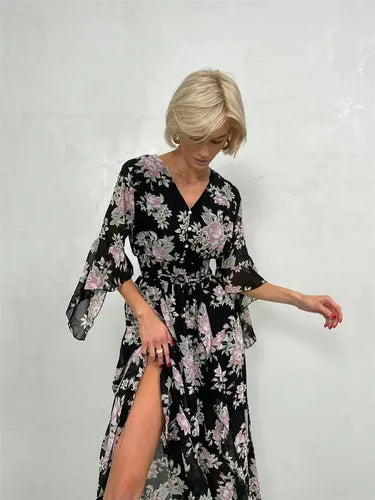 Vestido Largo Gasa Con Flores Vintage Femenino Vd 117