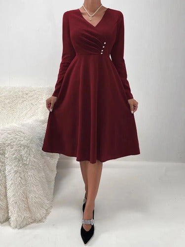 Vestido Vintage Línea A  Cuello Cruzado Manga Larga Va 481
