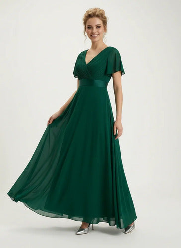 Vestido largo dama de honor en gasa escote V