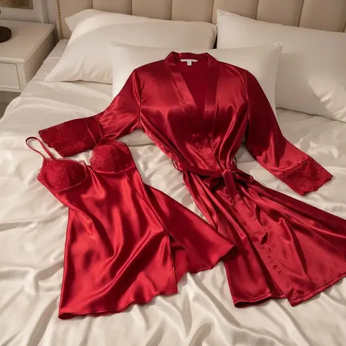 Camisón Y Bata Satín Lencería Set De Pijama Babydolls Pj 11 Burdeo M