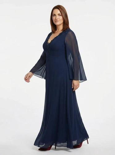 Vestido largo de fiesta en gasa azul y bordó