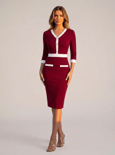 Vestido midi burdeo ajustado manga 3/4 escote V