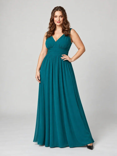 Vestido largo azul gasa evasé para graduación