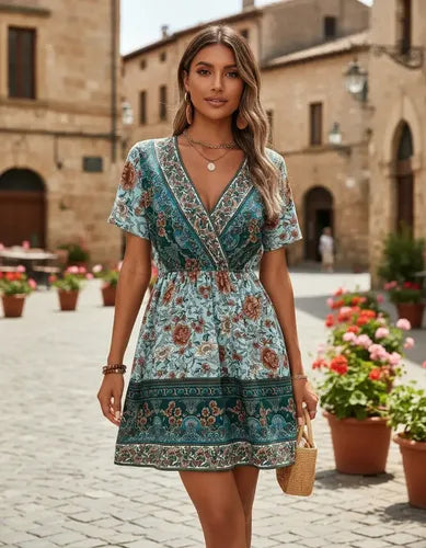 Vestido corto verde bohemio hippie manga corta escote V