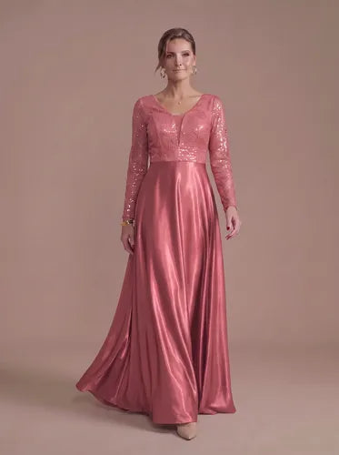 Vestido largo rosa lentejuelas manga larga