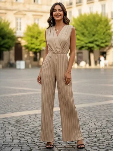 Mono beige y verde de fiesta sin mangas en algodón, pantalón entero, talla grande