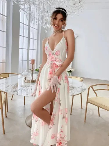 Vestido Gasa Floral Escote Forrado Fiesta Graduación Vd 106 Blanco S