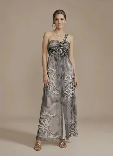 Vestido largo asimétrico de gasa gris para gala