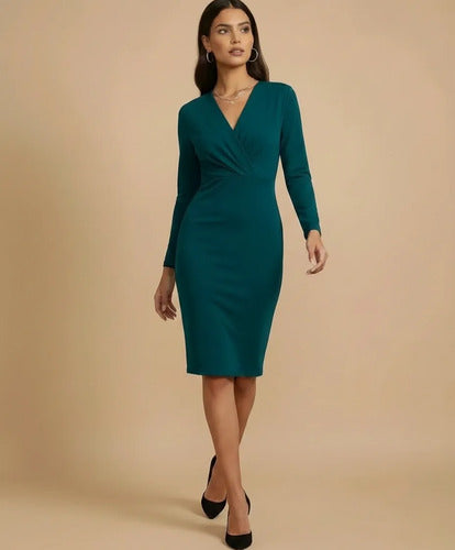 Vestido midi bordó y verde cuello cruzado escote V