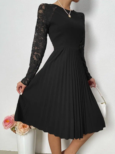 Vestido Plisado Cuello Redondo Manga De Encajes Va 499