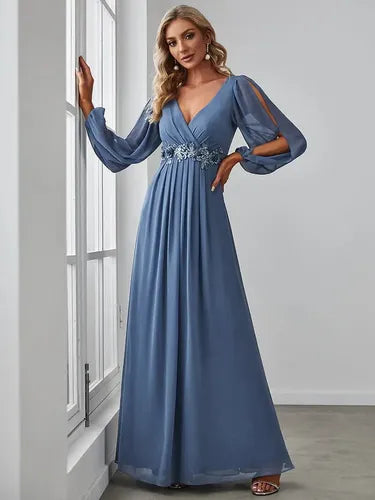 Vestido Novia De Cuello En V, Línea A, Mangas Largas  Ne 29