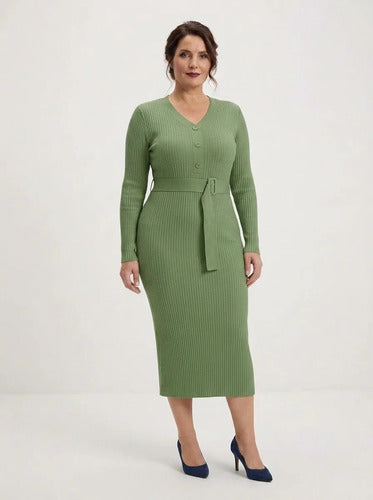 Vestido midi verde punto jersey manga larga