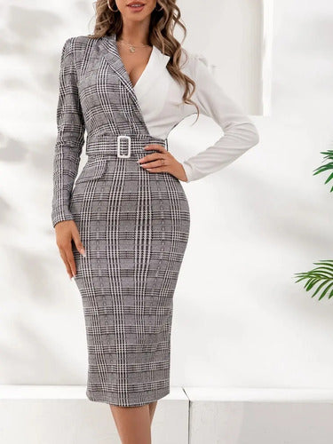 Vestido Cuello Con Solapa Manga Larga Con Cinturón Va 504