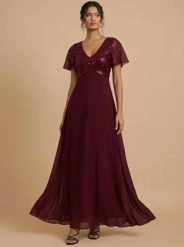 Vestido largo de fiesta gasa azul y bordo evasé