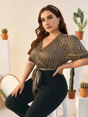 Entero Jumpsuit Talla Grande Escote Cruzado Cinturón Vg 202