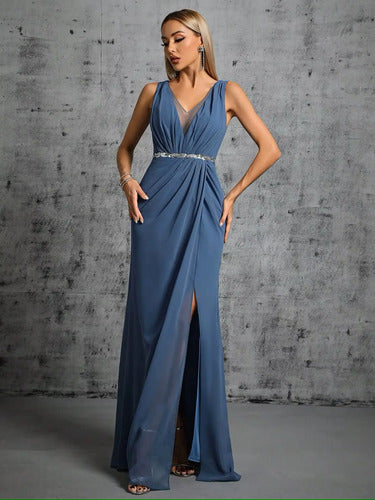 Vestido Largo Mujer Fiesta Escote V Abertura Alta Ep 237 Azul L