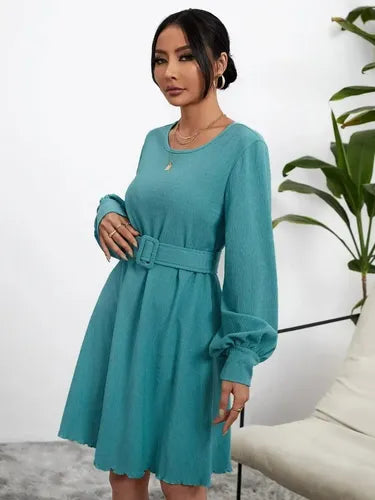 Vestido Con Cinturón Manga Larga Vintage Va 519 Turquesa M