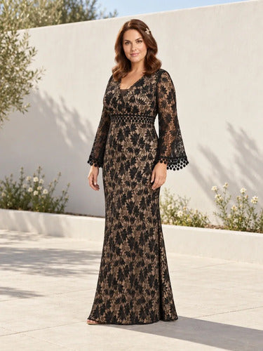 Vestido largo de fiesta negro de encaje talla grande