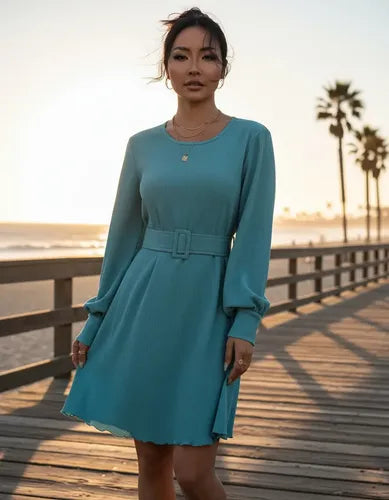 Vestido corto turquesa cinturón vintage manga larga