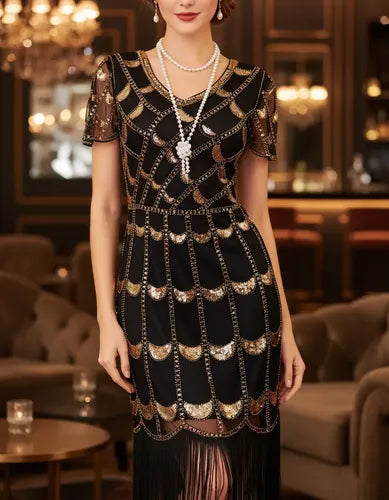 Vestido De Baile Retro Gatsby, Años 20 Charleston  Va 637 Negro-dorado M