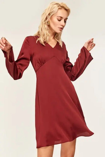 Vestido Fiesta Burdeo Coctel Manga Larga  Td 15 Rojo 40