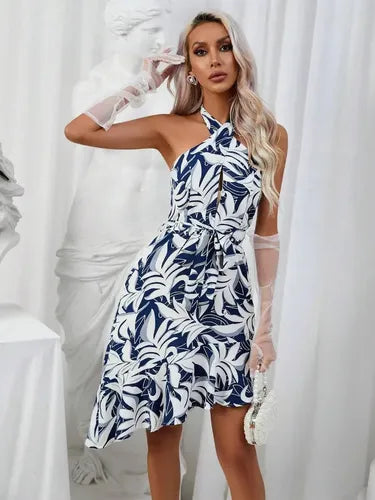 Vestido Halter Fiesta Estampado Tropical Con Cinturón Vd 118 Multicolor S