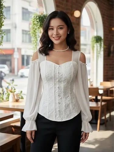 Blusa Top Mujer Hombros Descubiertos Mangas Bb 63 Blanco M