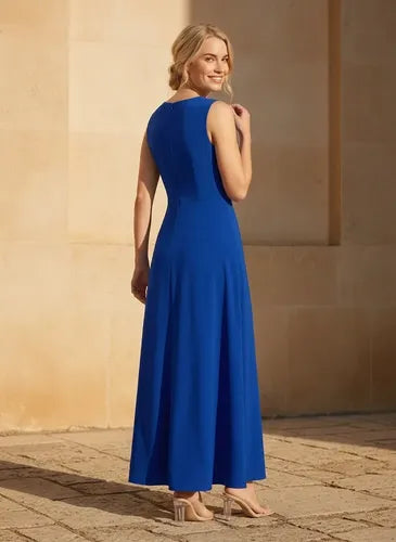 Vestido largo azul y naranja evasé escote V