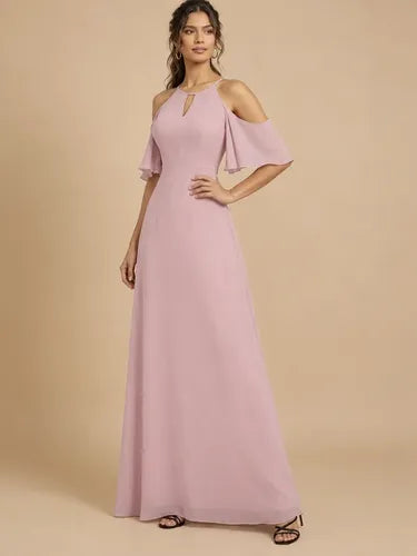 Vestido largo rosa halter de gasa para gala