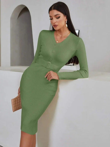 Vestido De Punto Ajustado Jersey Canalé Manga Larga Vt 06 Verde Xl