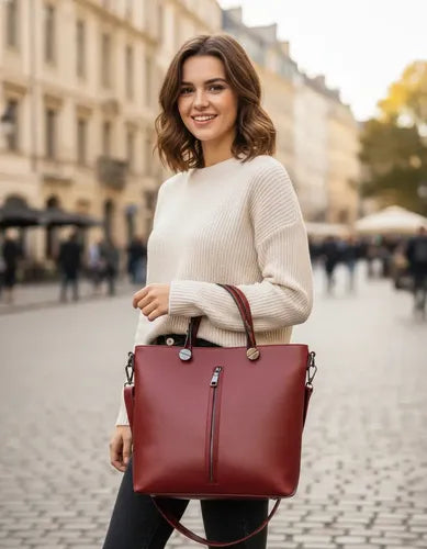 Cartera roja de símil cuero con correa de hombro y asas para fiesta