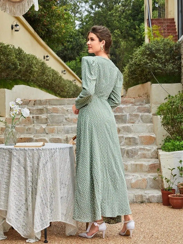 Vestido Largo Estampado Romántico Manga Larga Va 570 Verde L
