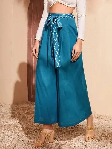 Pantalón Mujer Pierna Ancha Talle Alto Con Cinturón Pt 03 Verde S