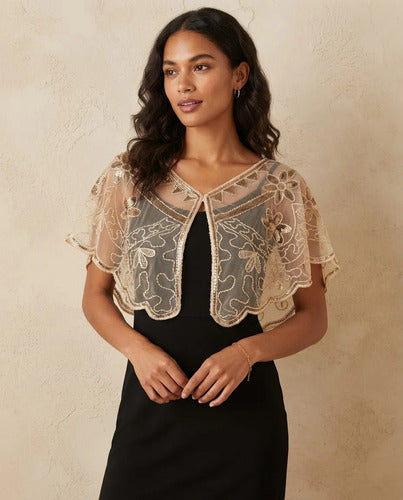 Bolero tipo chal beige y negro con lentejuelas