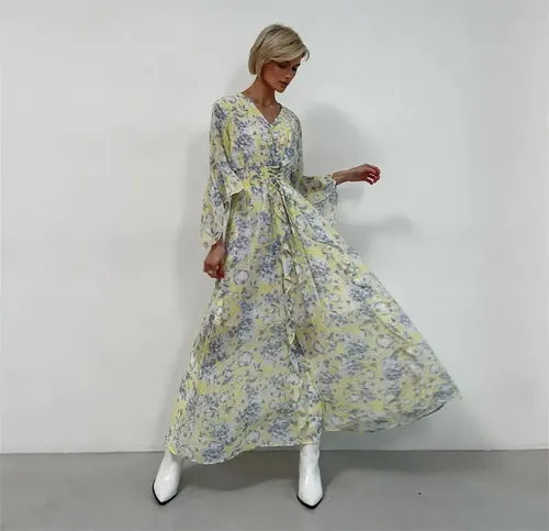 Vestido Largo Gasa Con Flores Vintage Femenino Vd 117