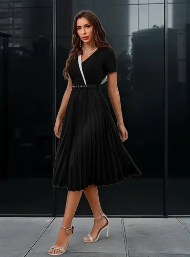Vestido Plisado Fiesta Manga Corta Cintura Alta